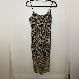 bebe Black and Gold Floral Midi Dress